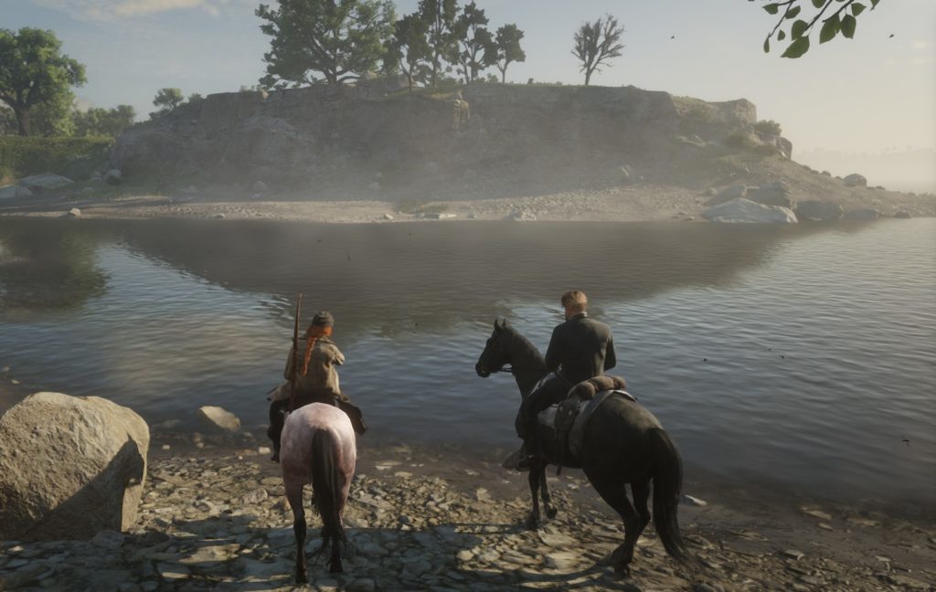 Sanderson and Renate, both on horseback, standing at the edge of a river and looking across.
